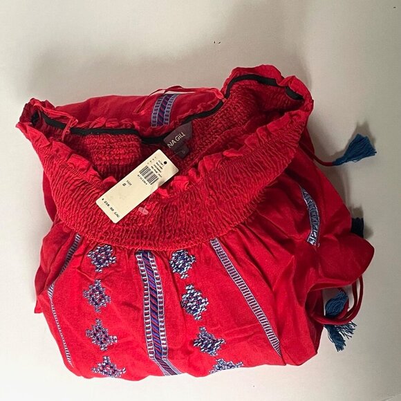 Anthropologie Ranna Gill Off Shoulder Dress Small Red Embroidered Peasant Cotton - Picture 8 of 11